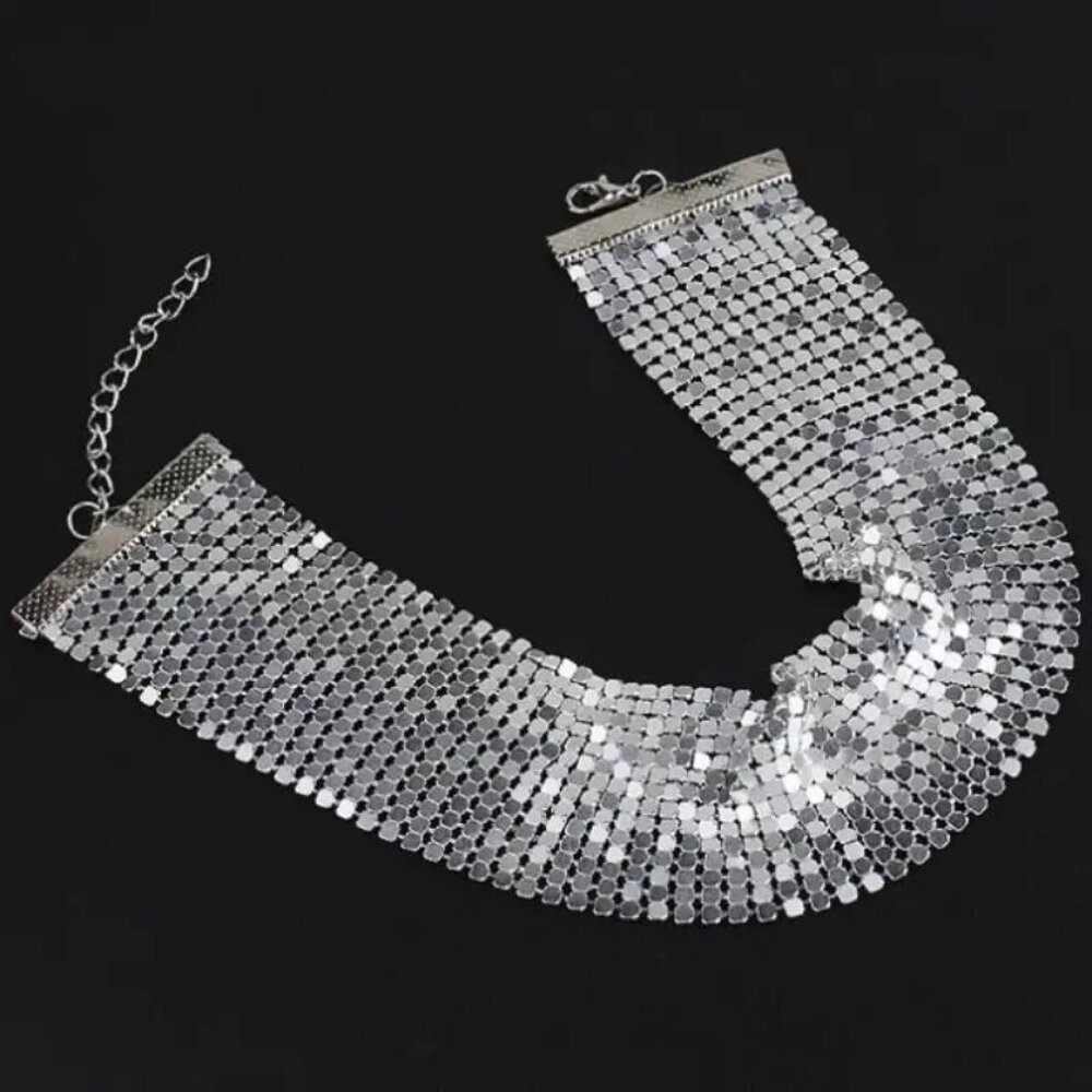 Necklace Choker Collar Mesh Metallic Silver Disco Bold Holloywood Glam Trendy - Picture 3 of 4
